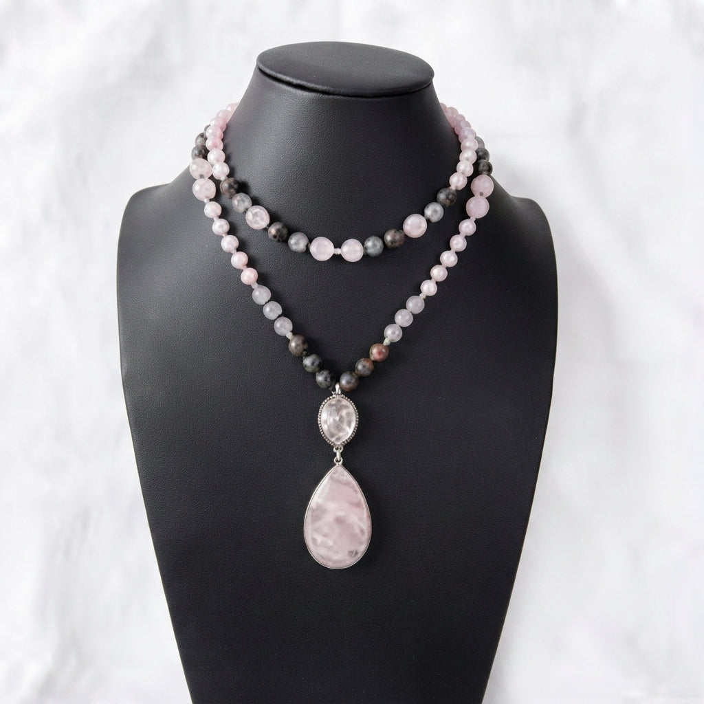 Natural Rose Quartz Drop Pendant Long Sweater Necklace