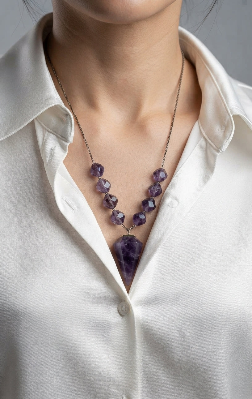 Bold Natural Stones Amethysts Hexagonal Cone Pendant Necklace