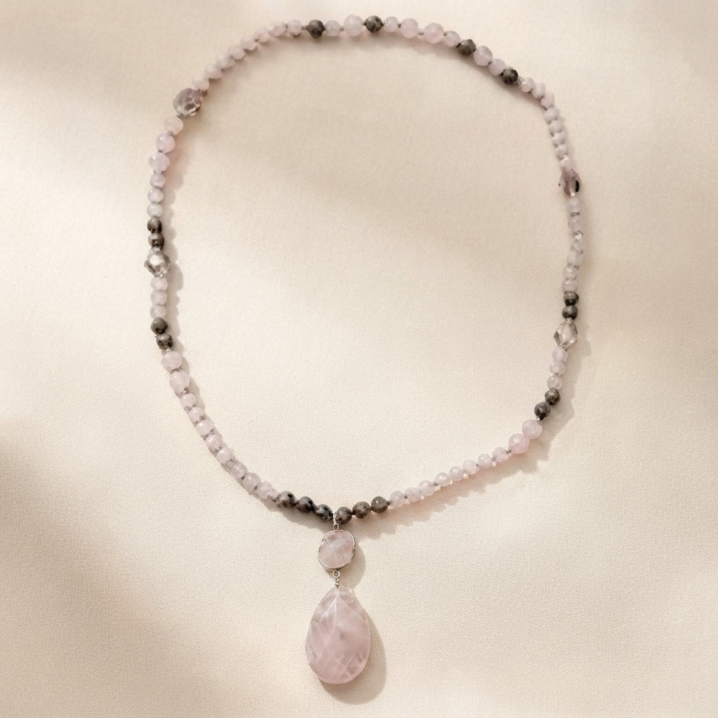 Natural Rose Quartz Drop Pendant Long Sweater Necklace