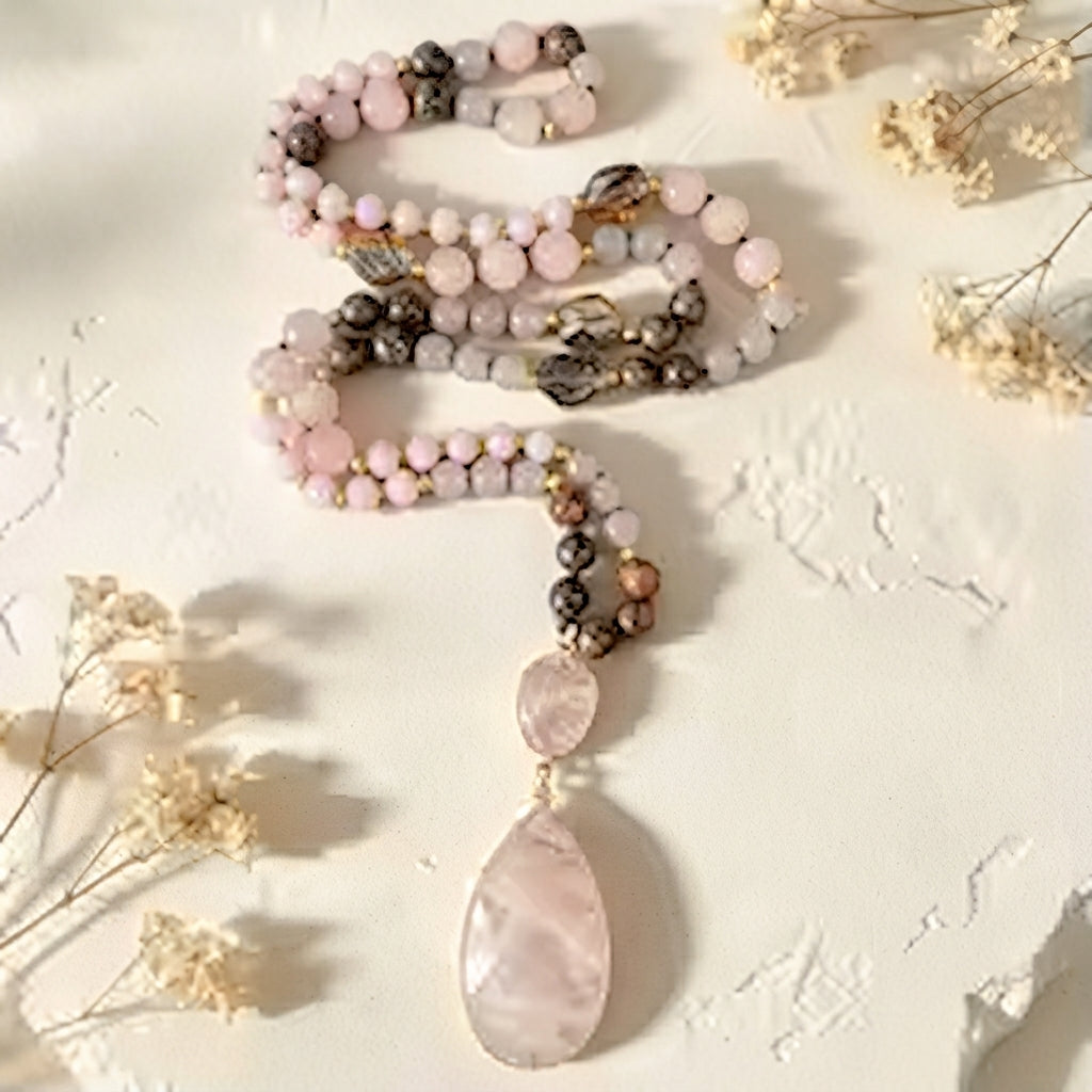 Natural Rose Quartz Drop Pendant Long Sweater Necklace