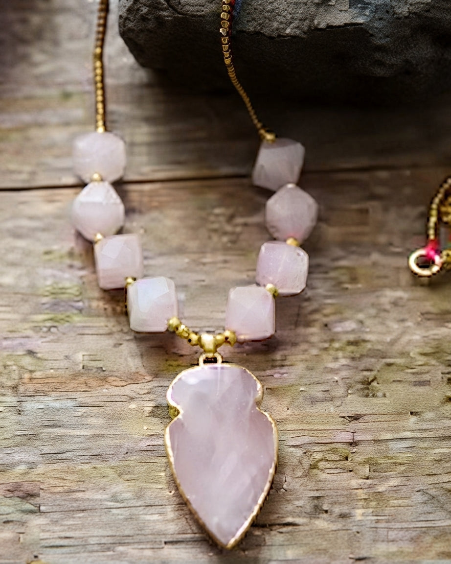 Bold Natural Stones Amethysts Hexagonal Cone Pendant Necklace
