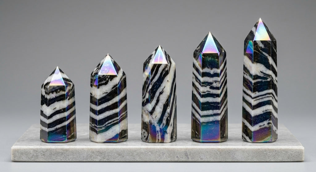 Natural Aura Stone Crystal Point Healing Obelisk Black and White Zebra Quartz