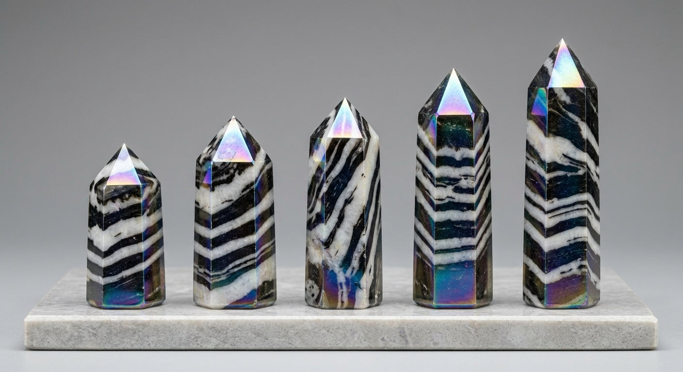 Natural Aura Stone Crystal Point Healing Obelisk Black and White Zebra Quartz