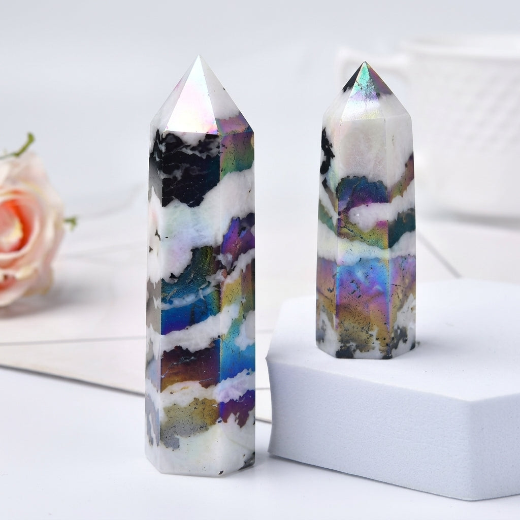 Natural Aura Stone Crystal Point Healing Obelisk Black and White Zebra Quartz