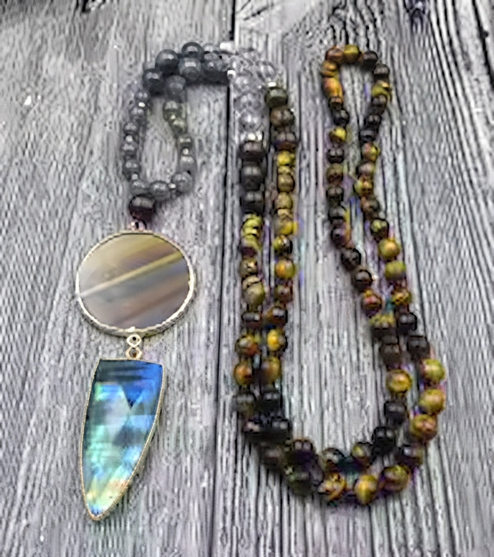 Iron Tiger Labradorite Pendant Stone Tiger eye Quartz Beads Knot Necklace