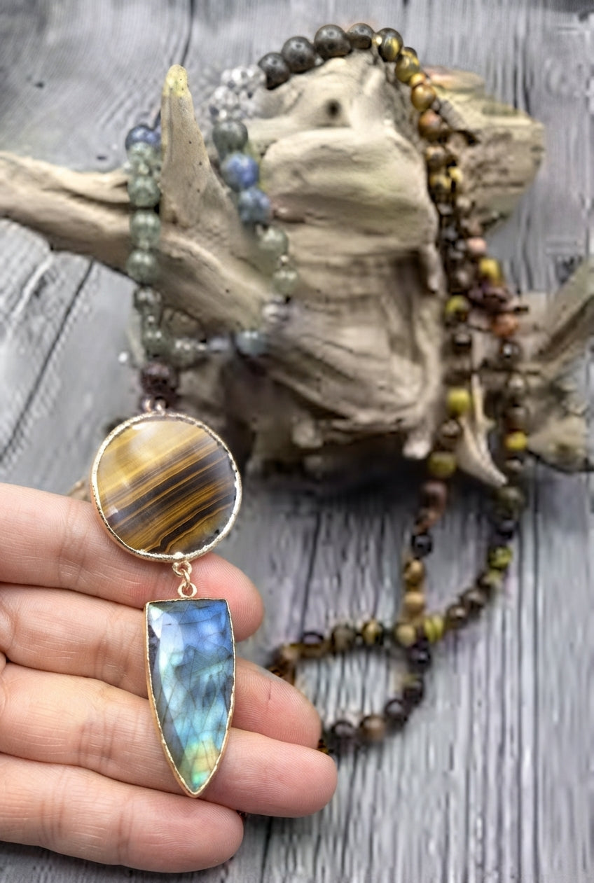 Iron Tiger Labradorite Pendant Stone Tiger eye Quartz Beads Knot Necklace