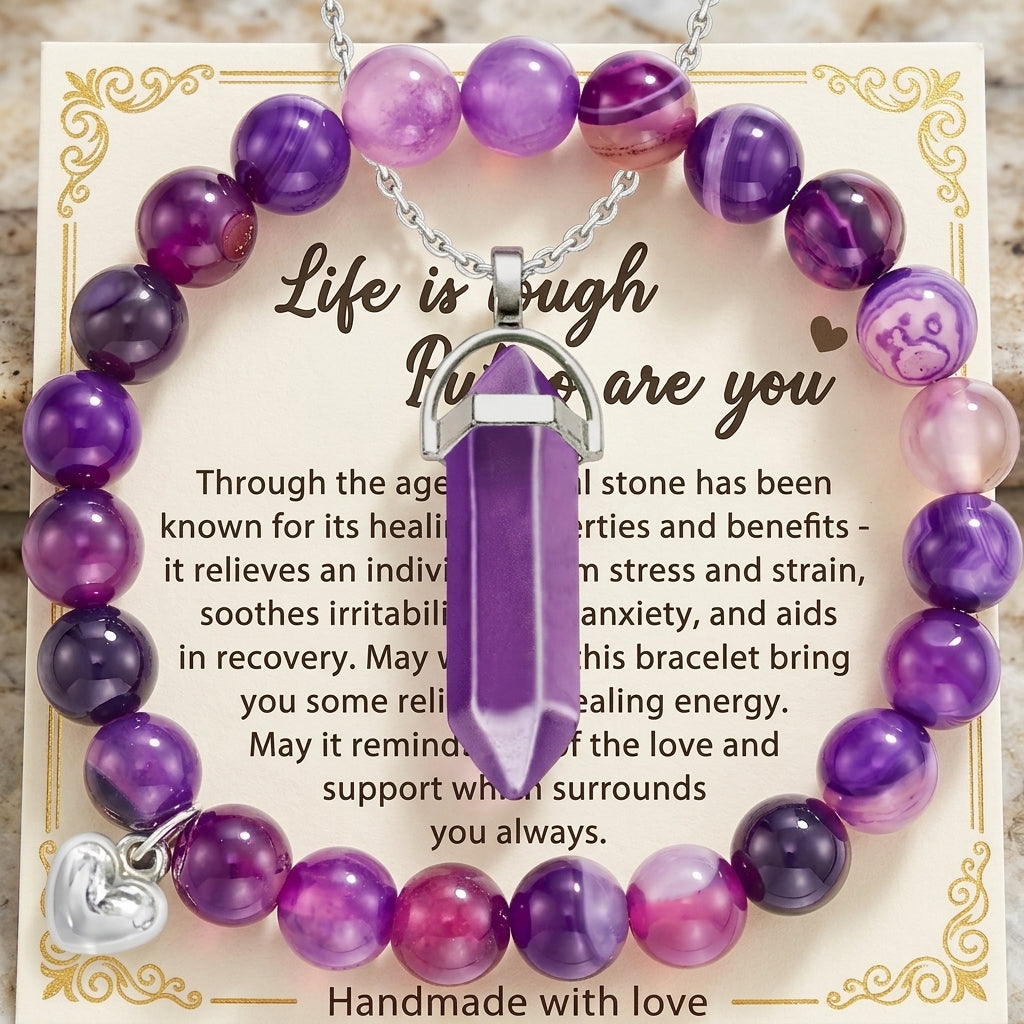 2pcs/set Amethyst Hexagonal Column Necklace and Purple Stripe Agate Bracelet