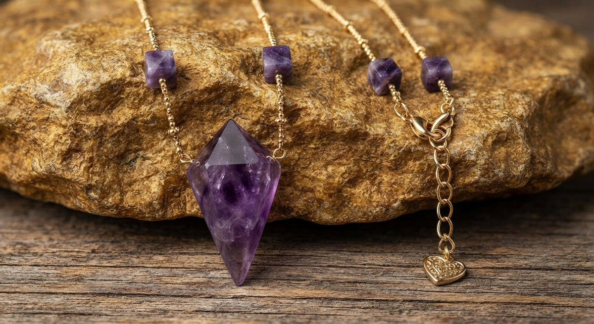 Bold Natural Stones Amethysts Hexagonal Cone Pendant Necklace